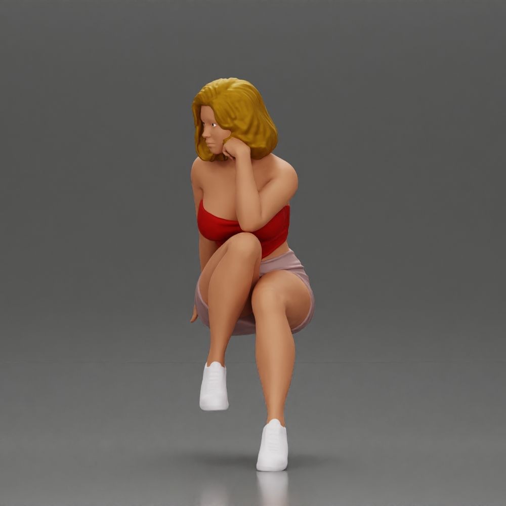 Diorama Modellbau Produktfoto 1: Sitzende Figur: Frau mit gekreuzten Beinen & aufgestütztem Kopf (a156)