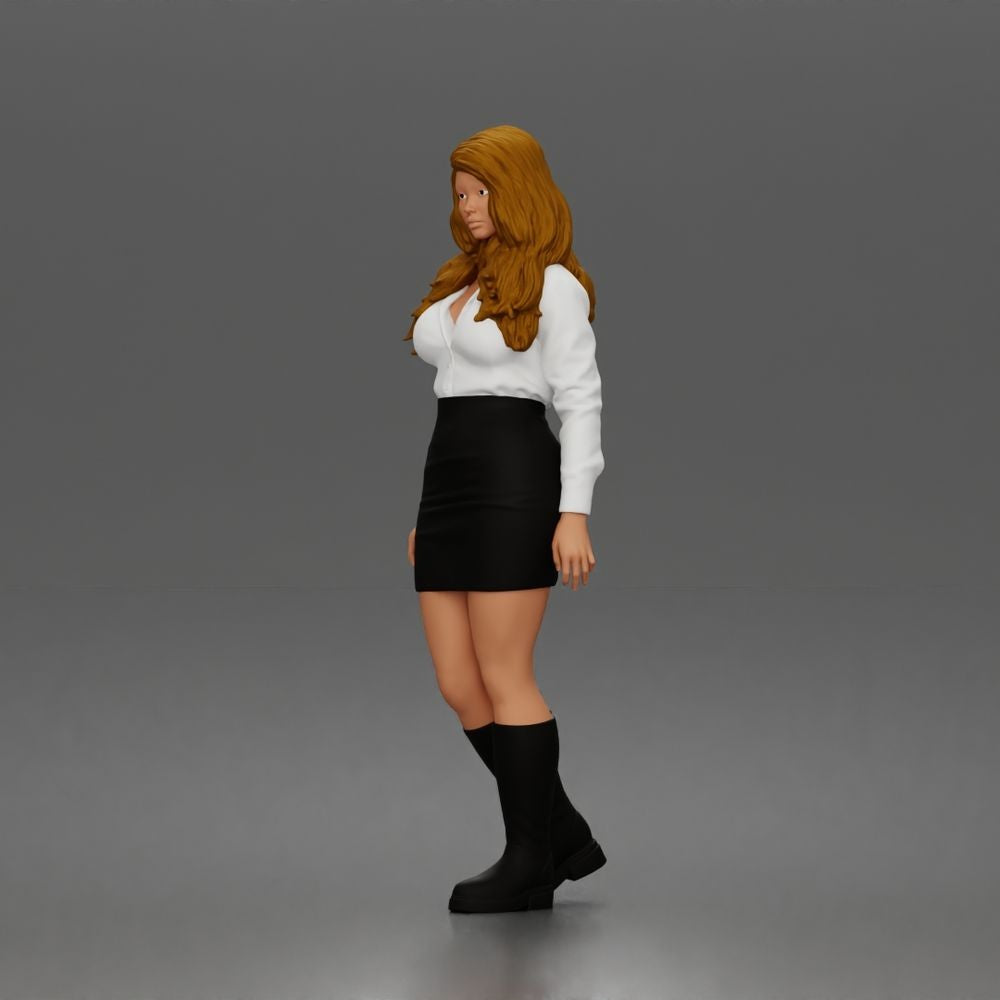 Diorama Modellbau Produktfoto 4: Stehende Figur: Frau mit Hemdbluse, Minirock & kniehohen Stiefeln (a197)