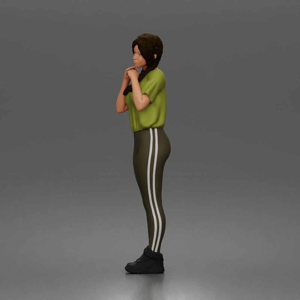 Diorama Modellbau Produktfoto 4: Stehende Figur: Frau mit geflochtenem Haar, T-Shirt, Leggings & Sneakers (a194)