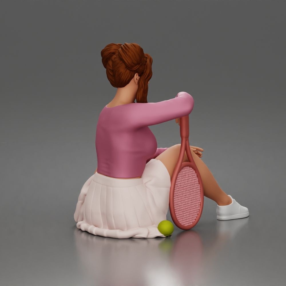 Diorama Modellbau Produktfoto 4: Sitzende Figur: Tennisspielerin mit Sportrock, Pullover & Tennisschläger (a212)