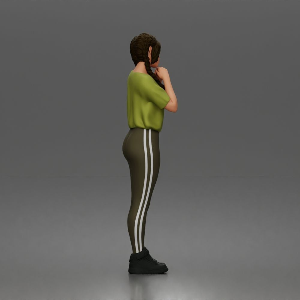 Diorama Modellbau Produktfoto 5: Stehende Figur: Frau mit geflochtenem Haar, T-Shirt, Leggings & Sneakers (a194)