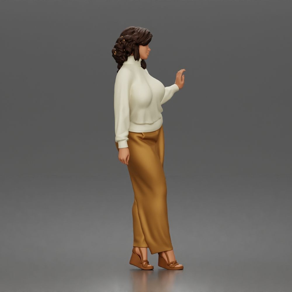 Diorama Modellbau Produktfoto 5: Stehende Figur: Frau mit Rollkragenpullover, weiter Hose & Plateauschuhen (a176)