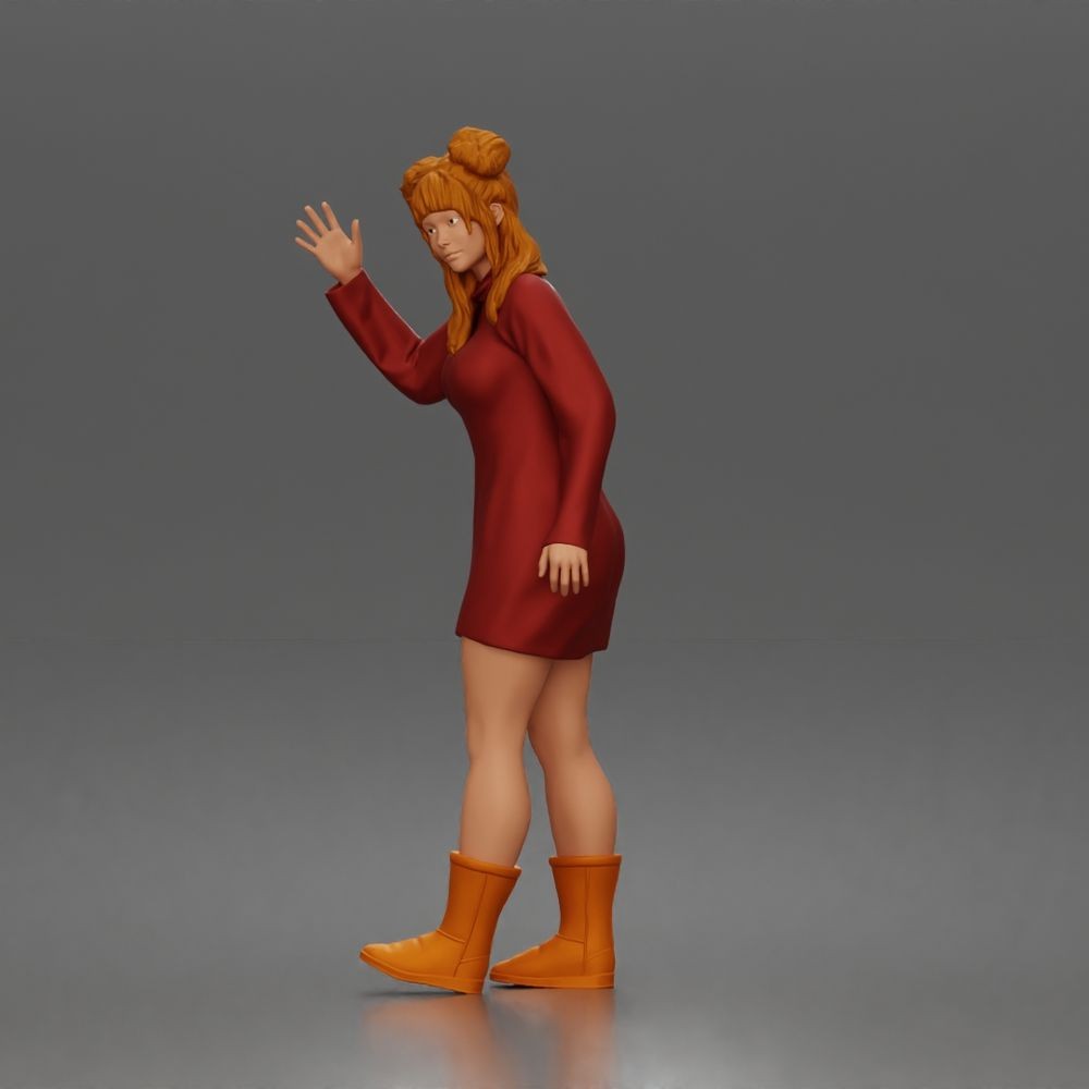 Diorama Modellbau Produktfoto 5: Stehende Figur: Winkende Frau ruft Taxi mit langärmeligem Kleid & Stiefeln (a204)