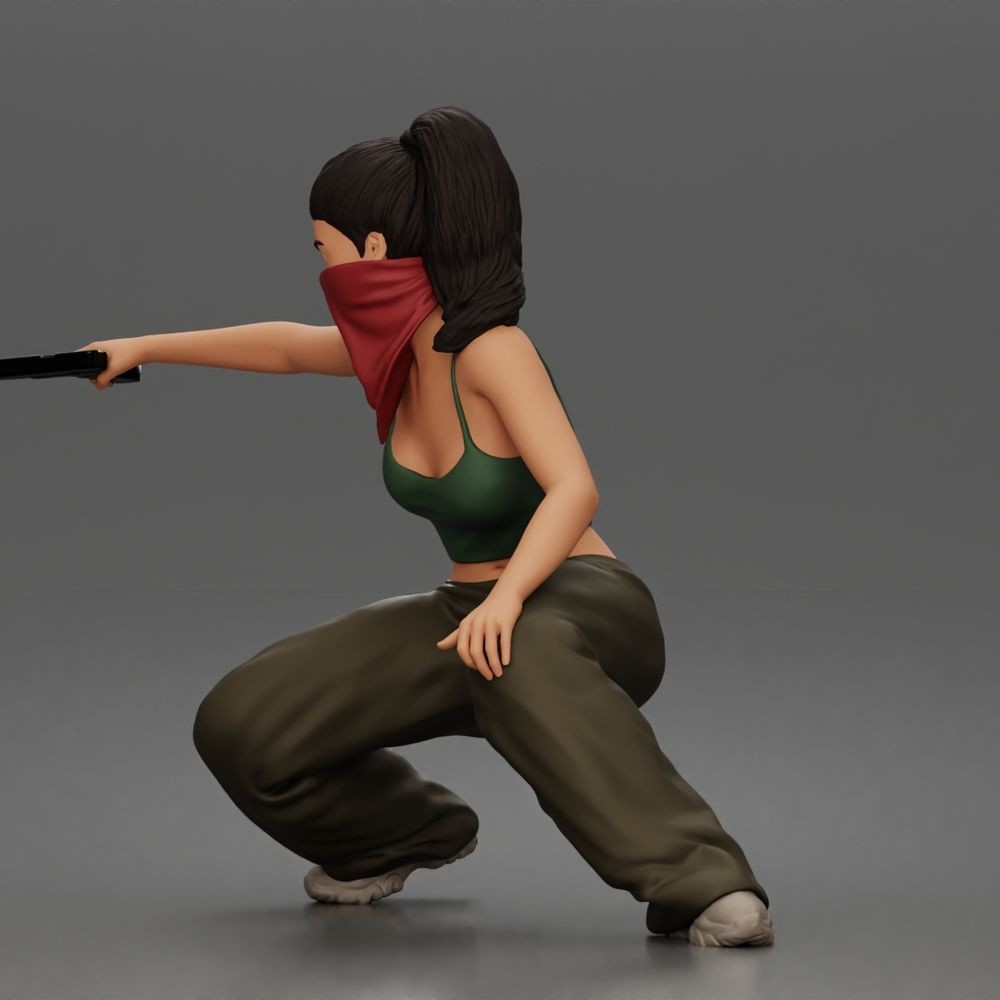 Diorama Modellbau Produktfoto 5: Diorama Figur: Kauernde maskierte Frau mit Pistole, Crop-Top & Baggyhose (a169)