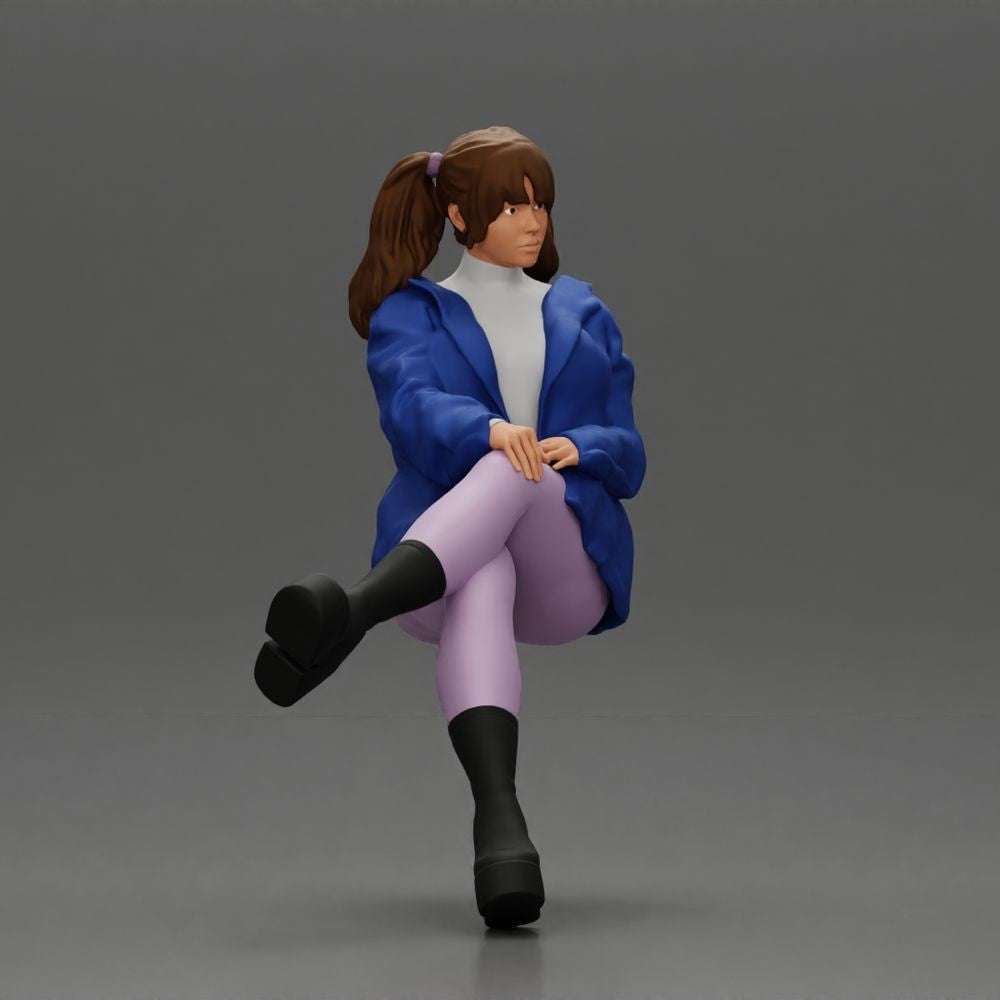 Diorama Modellbau Produktfoto 6: Sitzende Figur: Frau mit überkreuzten Beinen, Pferdeschwanz & Jacke (a161)