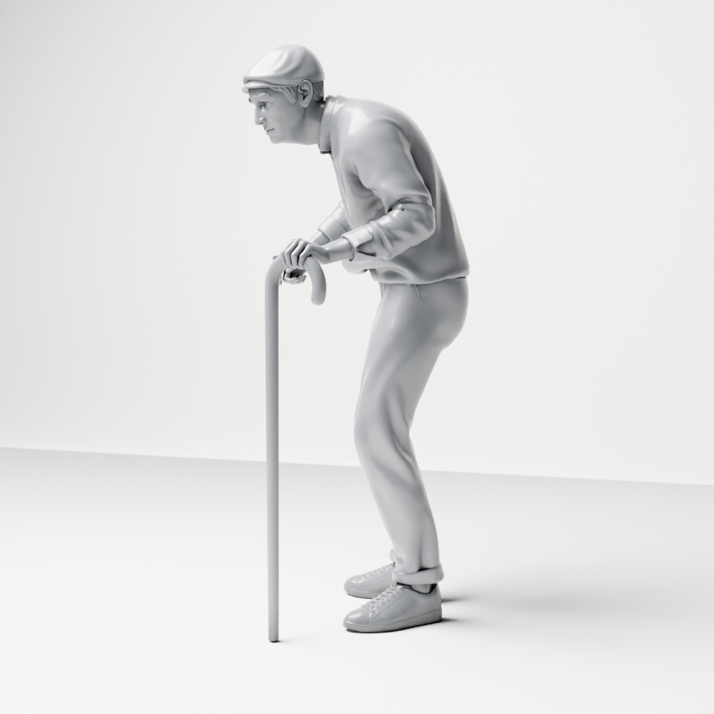 Diorama Modellbau Produktfoto 7: Stehende Figur: Älterer Mann mit Gehstock & Pullover (a168)