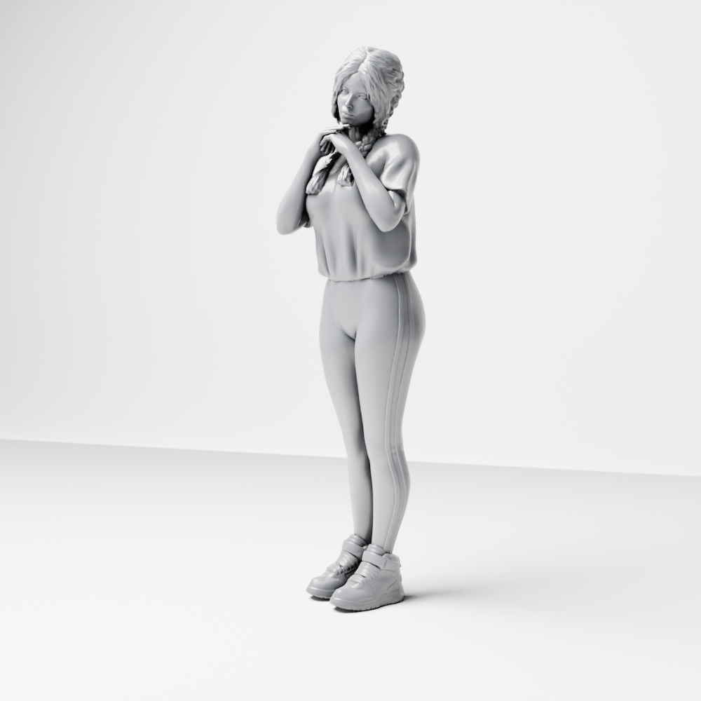 Diorama Modellbau Produktfoto 6: Stehende Figur: Frau mit geflochtenem Haar, T-Shirt, Leggings & Sneakers (a194)
