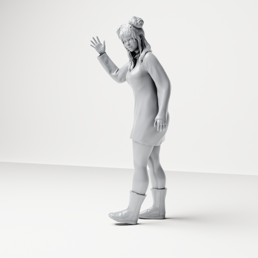 Diorama Modellbau Produktfoto 6: Stehende Figur: Winkende Frau ruft Taxi mit langärmeligem Kleid & Stiefeln (a204)