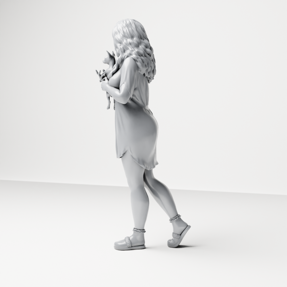 Diorama Modellbau Produktfoto 7: Stehende Figur: Frau im Nachthemd mit kleinem Hund auf dem Arm (a183)