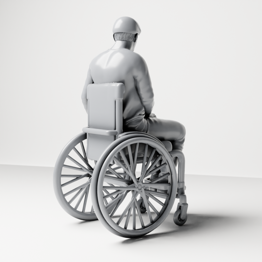 Diorama Modellbau Produktfoto 8: Sitzende Figur: Älterer Mann im Rollstuhl mit Freizeitkleidung (a202)