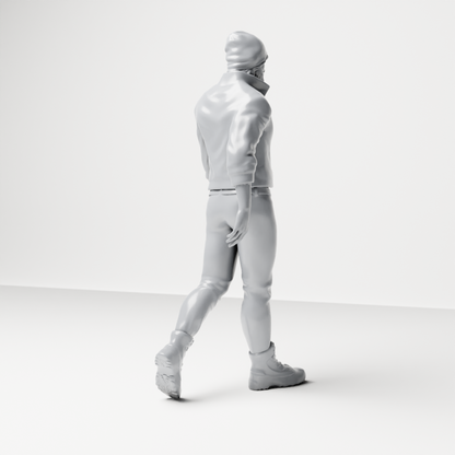 Diorama modelbouw productfoto 8: Lopende figuur: bebaarde man met muts, jas & laarzen (a188)