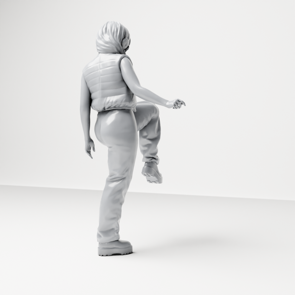 Diorama Modellbau Produktfoto 9: Stehende Figur: Frau mit Kopfhörern & weitem Streetwear-Outfit, Bein angehoben (a164)