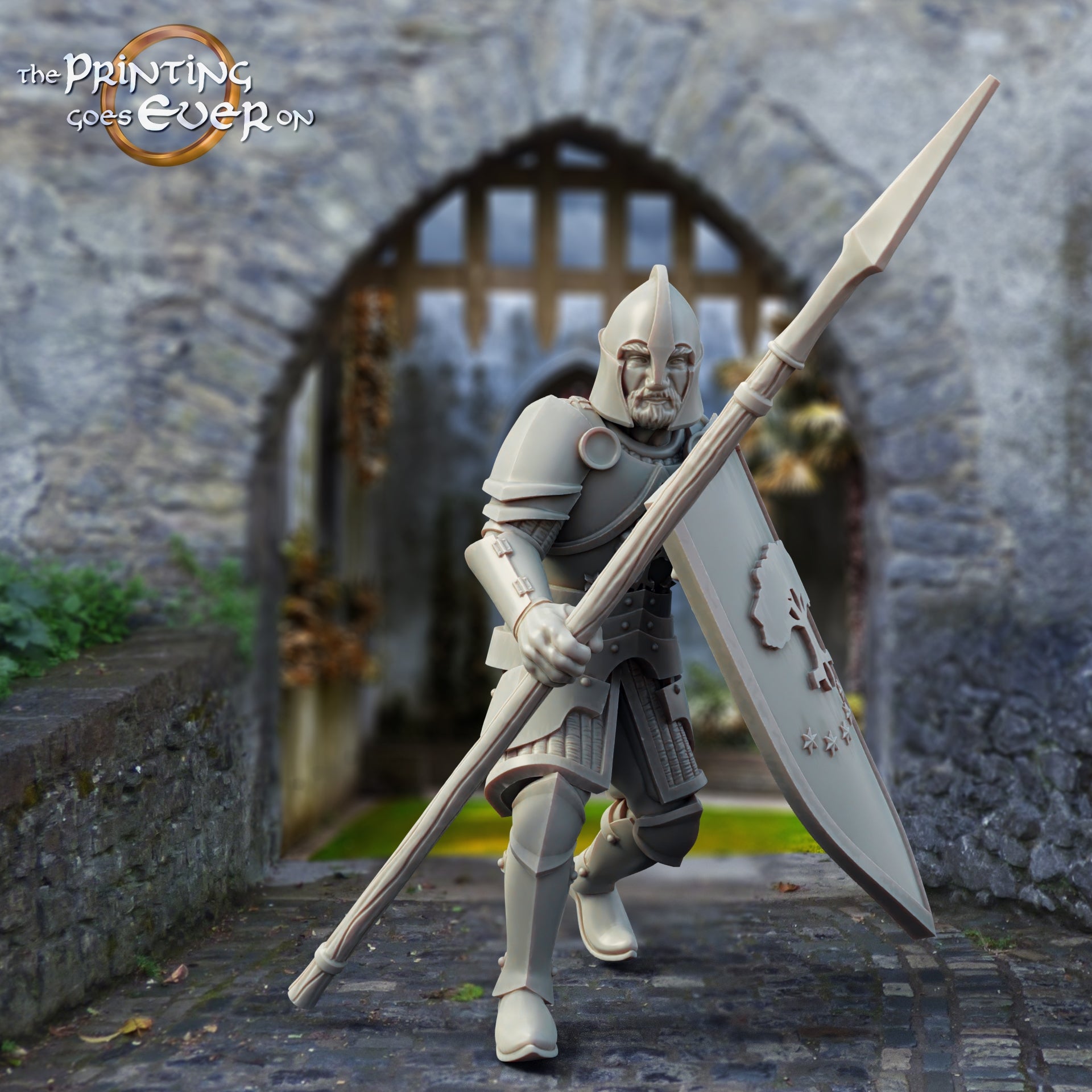 Productfoto middeleeuwse historische figuur 75mm schaal The Printing Goes Ever On (TPGEO) 0: Middeleeuwse ridderfiguren speerkrijgers A - 75mm modellen - Krijgers van Gonthan