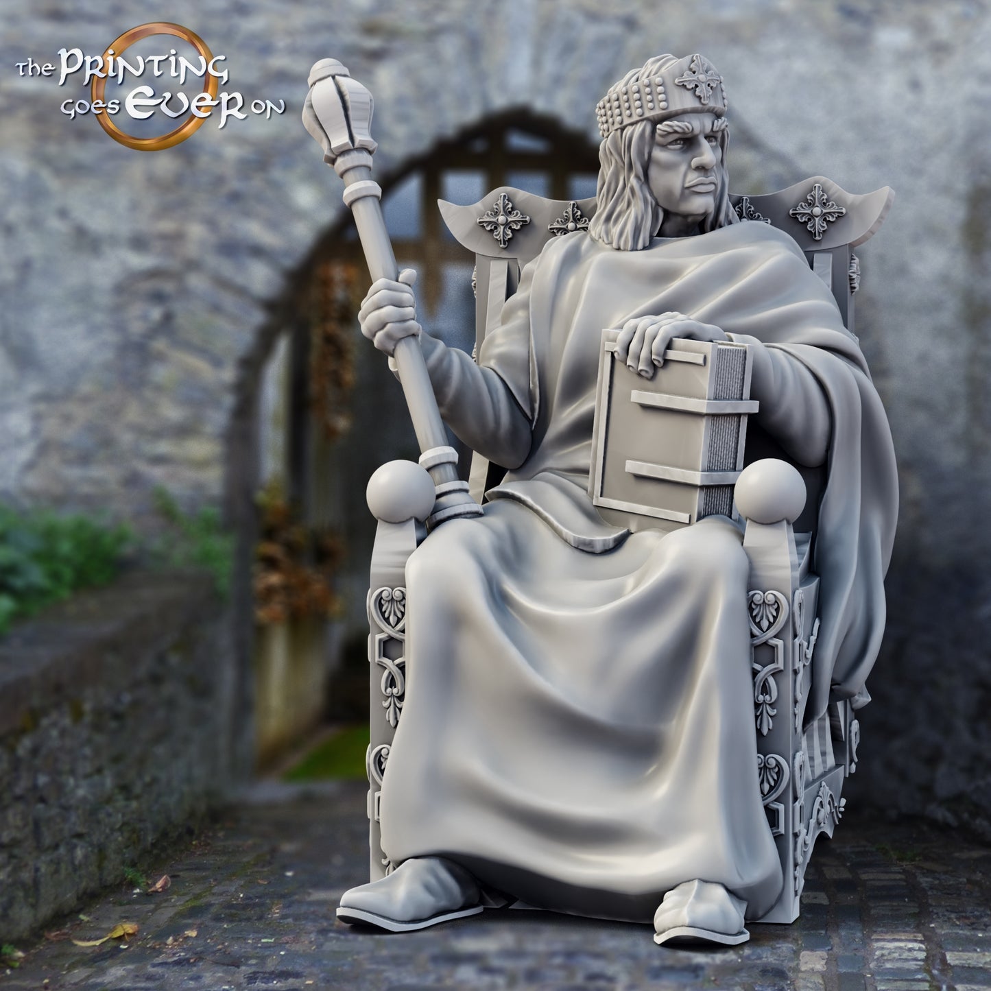 Productfoto middeleeuwse historische figuur 75mm schaal The Printing Goes Ever On (TPGEO) 0: Middeleeuwse ridderfiguren heerser met troon - 75mm modellen - Middeleeuwse stad