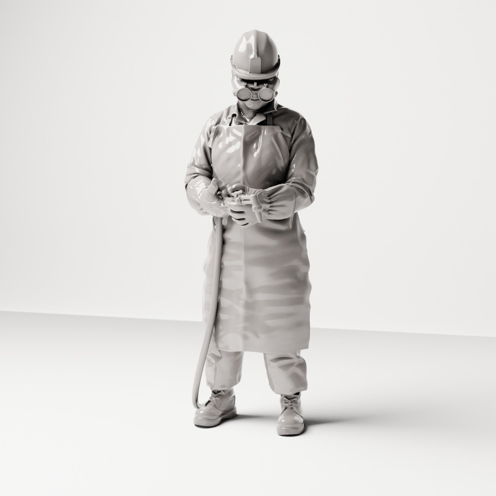 Stehende Figur: Schweißer mit MIG-Schweißbrenner & Schutzkleidung (Ref. Nr. 481) - Studioansicht 1 mit Schweißgerät und Schlauch