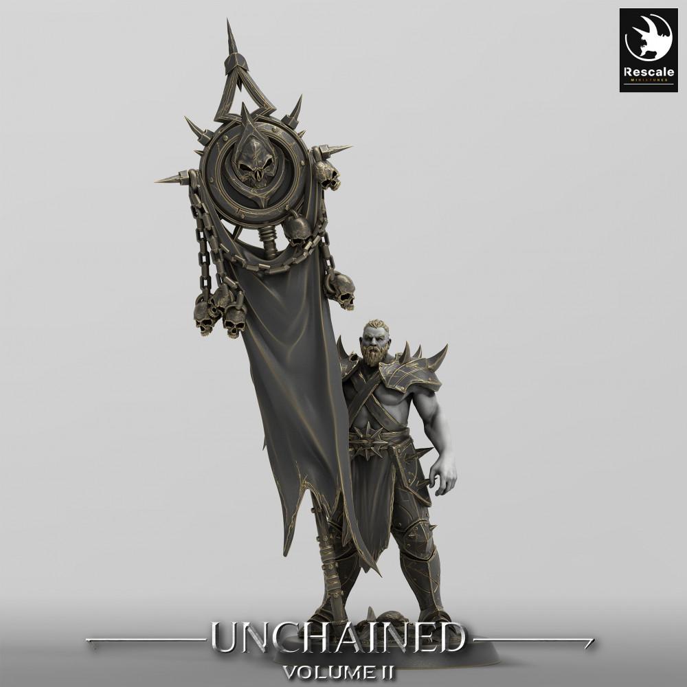 Productfoto Tabletop 28mm Lord of the Print (LotP) 0: Tabletop Miniatuur: Donkere Bannerdrager - Dodenridder / Dread Knight, Cult-Kampioen en Leider (24_05_C7)