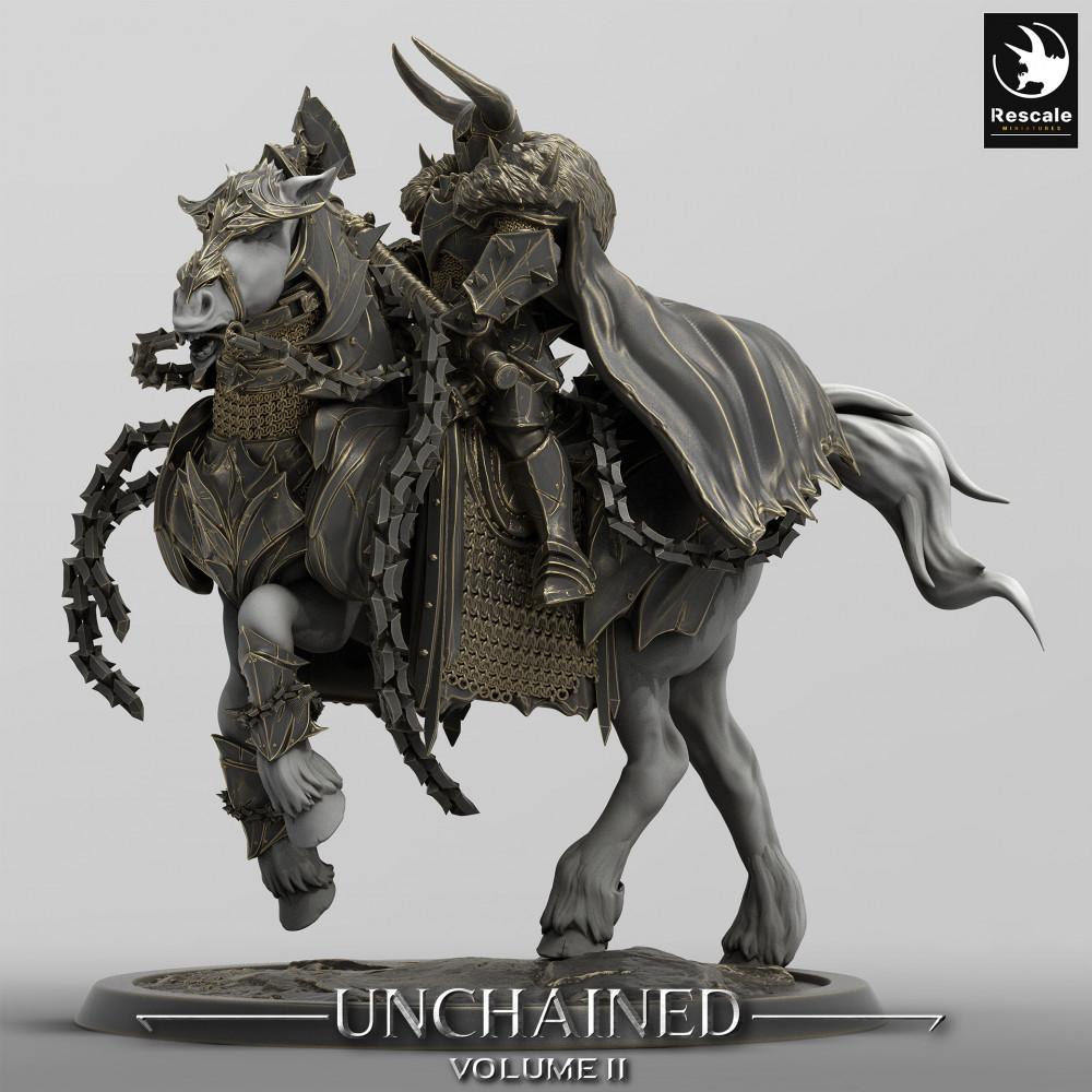 Productfoto Tabletop 28mm Lord of the Print (LotP) 0: Tabletop Miniatuur: Donkere Ridder op Strijdpaard, Dubbele Bijl-Kavallerie, Vervloekte Paladijn, Dodenridder (24_05_U)