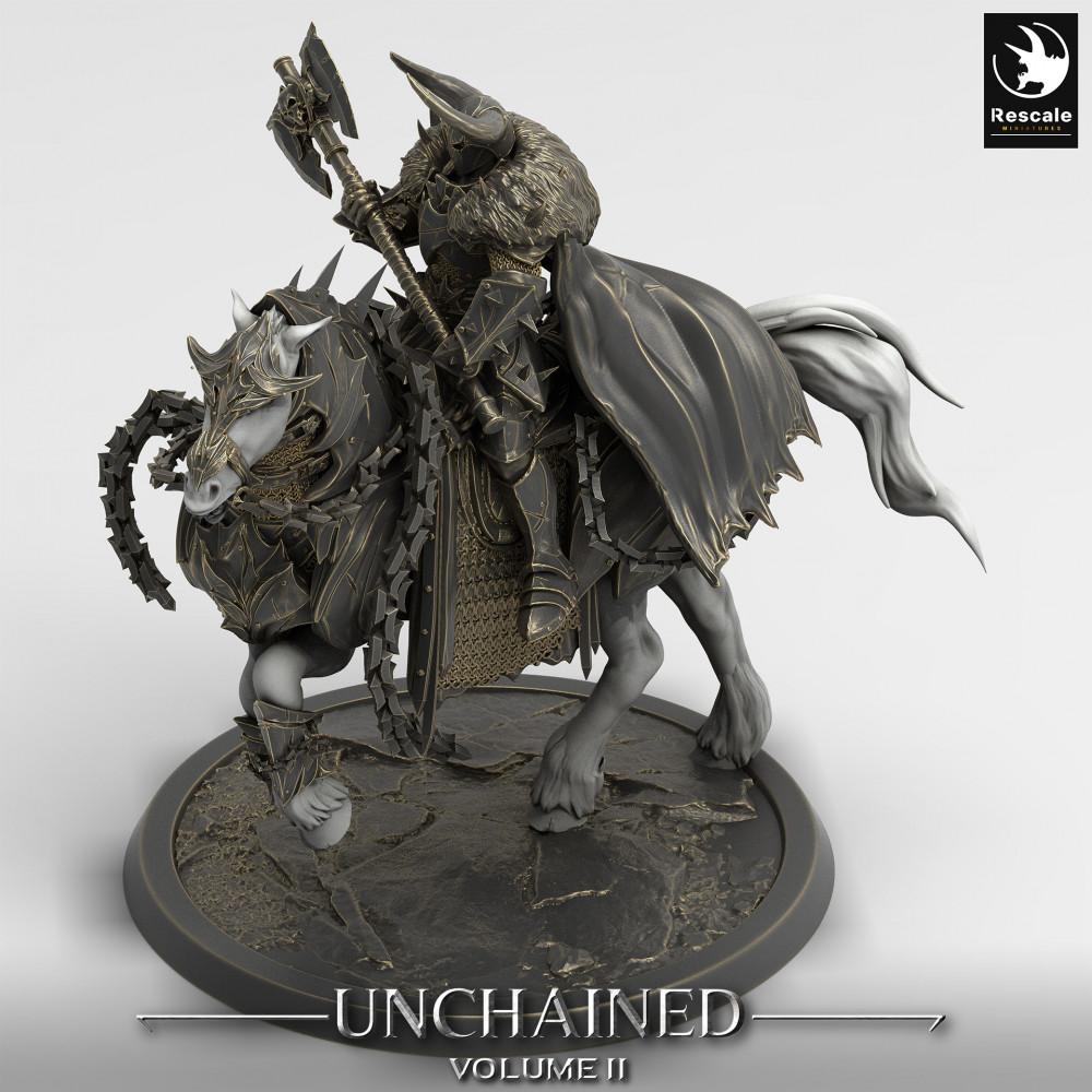 Productfoto Tabletop 28mm Lord of the Print (LotP) 0: Tabletop Miniatuur: Donkere Ridder op Strijdpaard, Dubbelbijl-Kavallerie, Vervloekte Paladijn, Dodenridder (24_05_U)