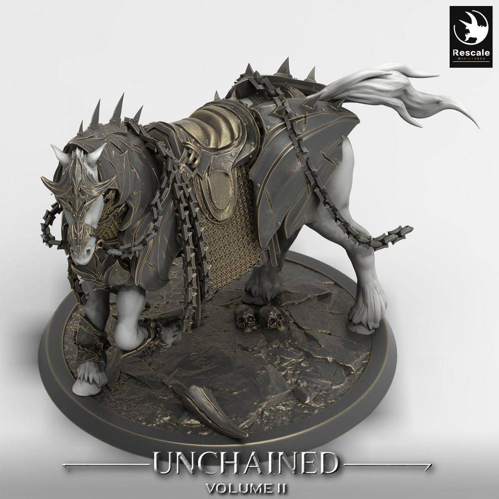 Productfoto Tabletop 28mm Lord of the Print (LotP) 0: Tabletop Miniatuur: Ontketende Heldenpaard - Demonisch Oorlogspaard, gepantserd Slagpaard, vervloekt Cavalerie-Rijdier (Nightmare Warhorse) (24_05_S)