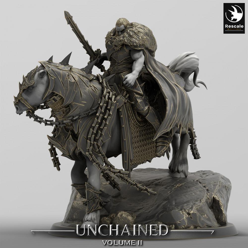 Productfoto Tabletop 28mm Lord of the Print (LotP) 0: Tabletop Miniatuur: Donkere Ridder / Death Knight op gepantserde strijdros - Ruiterfiguur met tweehands zwaard en kettingwapen, leider van de donkere cavalerie (24_05_M)