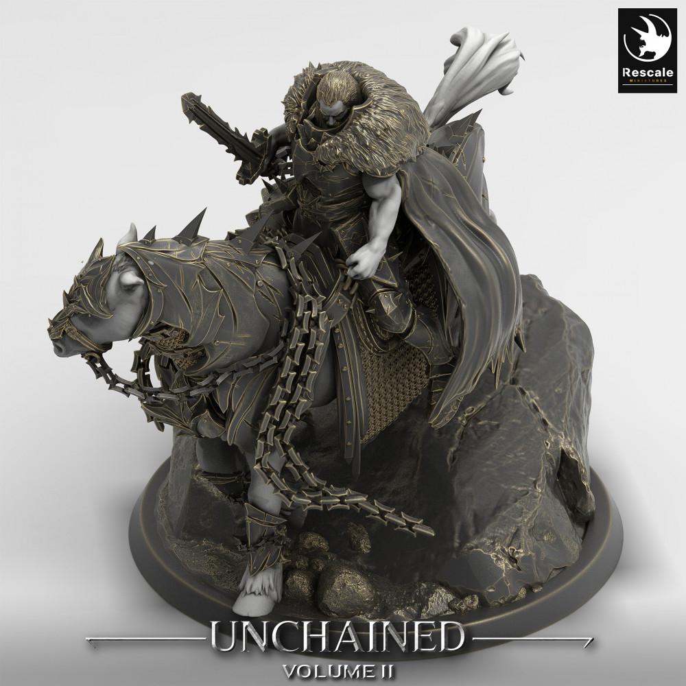 Productfoto Tabletop 28mm Lord of the Print (LotP) 0: Tabletop Miniatuur: Donkere Ridder / Death Knight op gepantserde strijdros - Ruiterfiguur met tweehandszwaard en kettingwapen, leider van de donkere cavalerie (24_05_M)