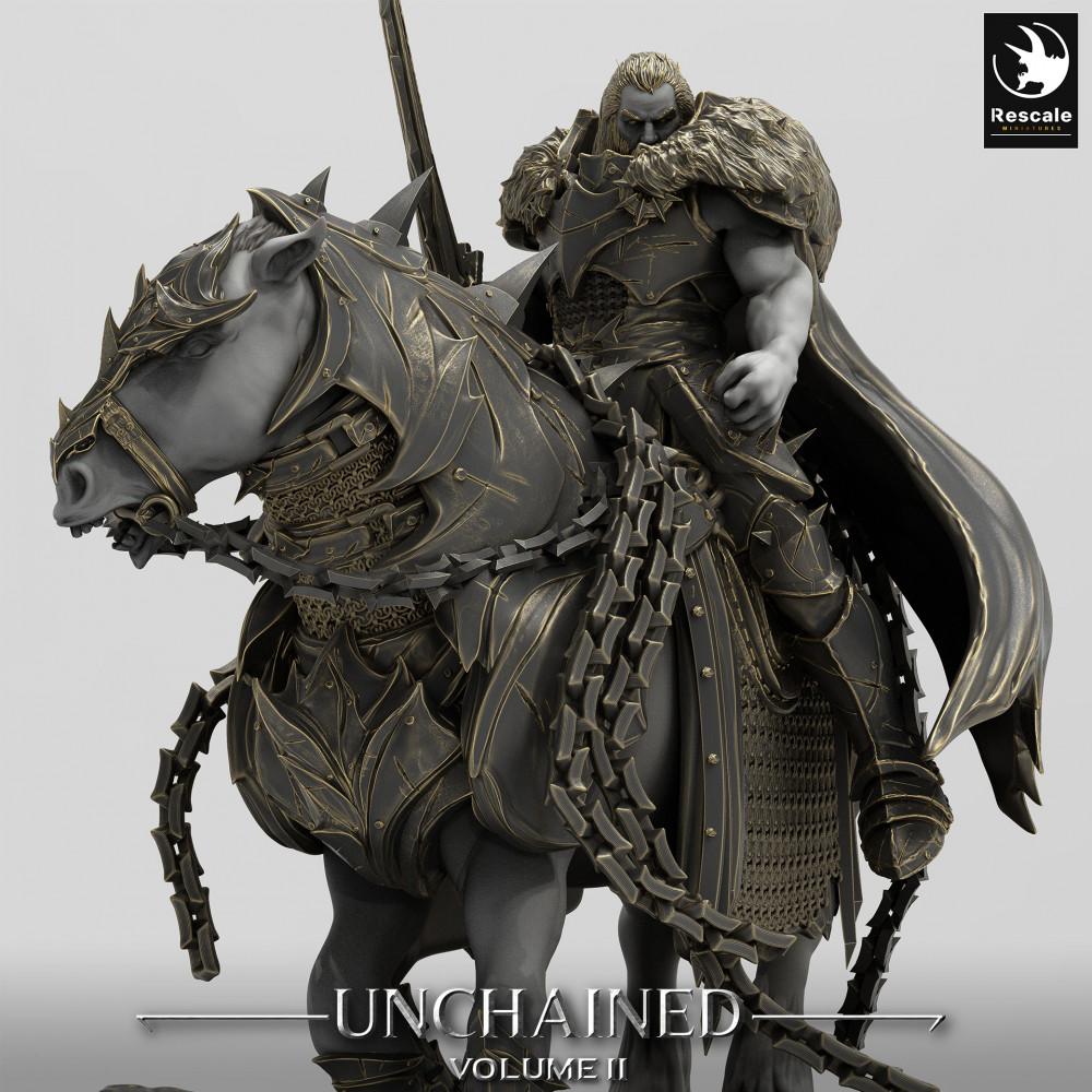 Productfoto Tabletop 28mm Lord of the Print (LotP) 0: Tabletop Miniatuur: Donkere Ridder / Death Knight op gepantserde strijdros - Ruiterfiguur met tweehands zwaard en kettingwapen, leider van de donkere cavalerie (24_05_M)
