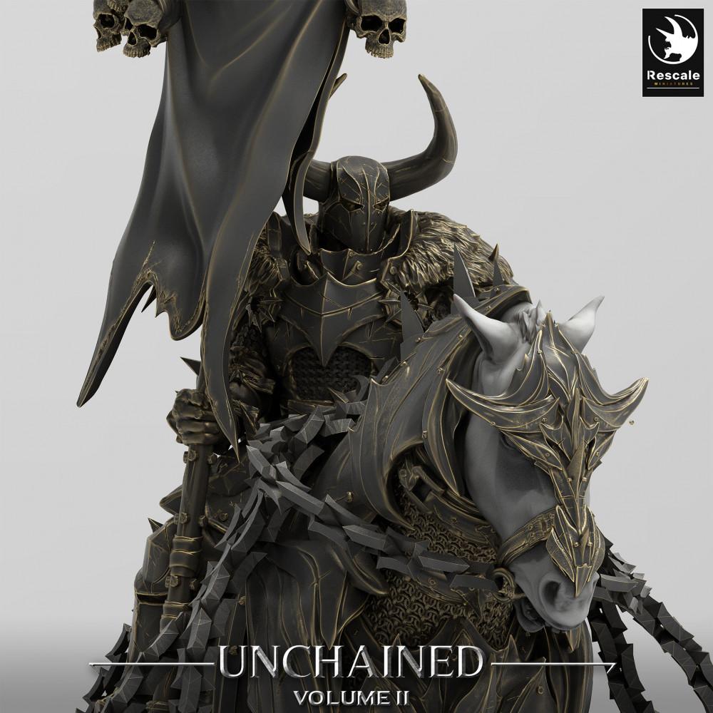 Productfoto Tabletop 28mm Lord of the Print (LotP) 0: Tabletop Miniatuur: Dodenridder (Death Knight) te Paard met Oorlogsstandaard, Standaarddrager, Donkere Paladijn (24_05_R)