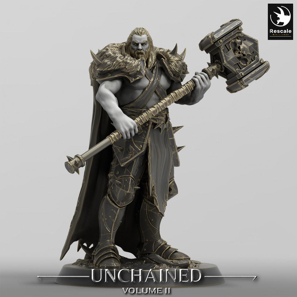 Productfoto Tabletop 28mm Lord of the Print (LotP) 0: Fantasy Figuur: Barbaarse Warlord, Berserker met Tweehandige Hamer, Leidersminiatuur (24_05_C9)