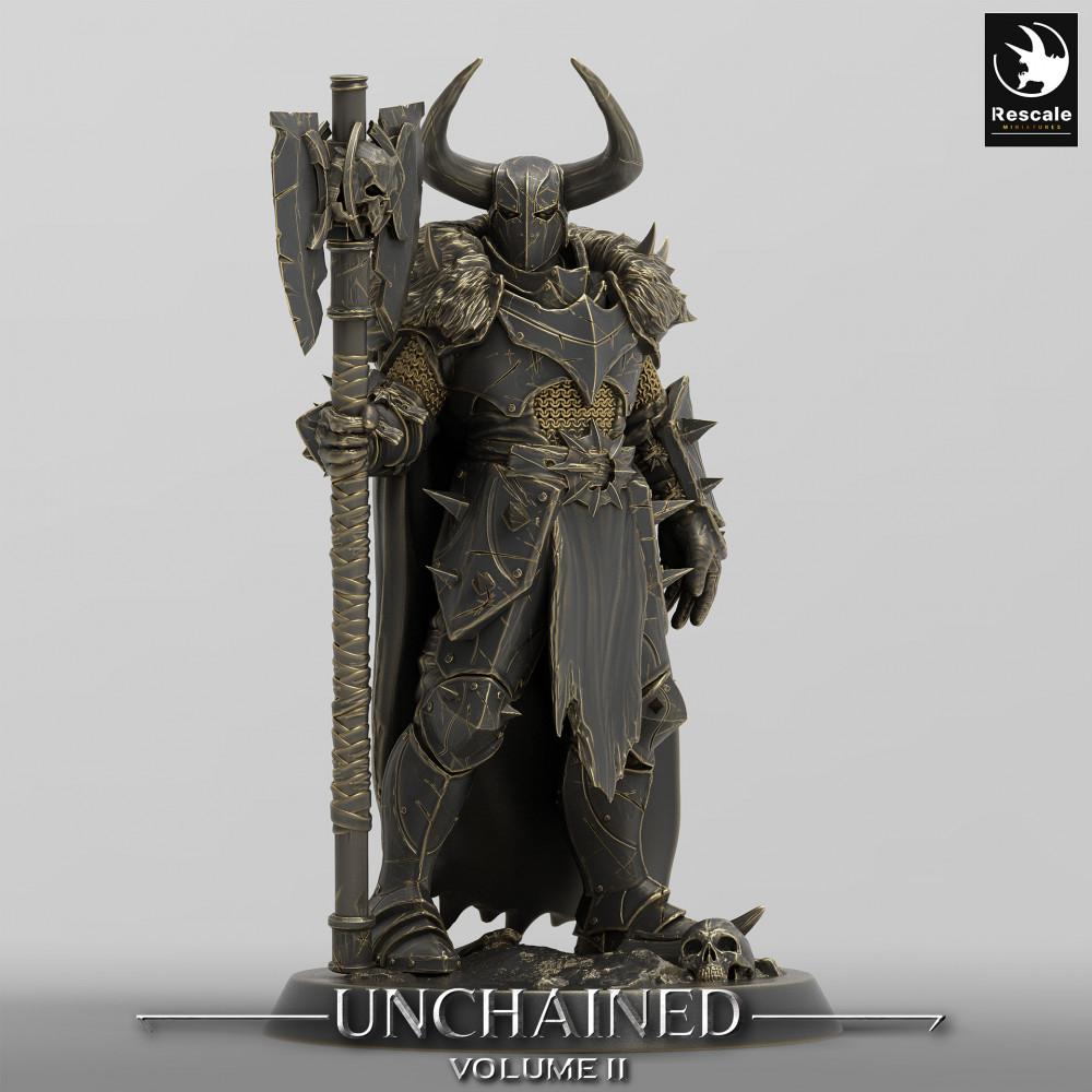 Productfoto Tabletop 28mm Lord of the Print (LotP) 0: Fantasy Figuur: Donker ridder / Dark Knight - Bijlkampioen met tweehandige bijl, Baas-mini voor Wargaming (24_05_D5)