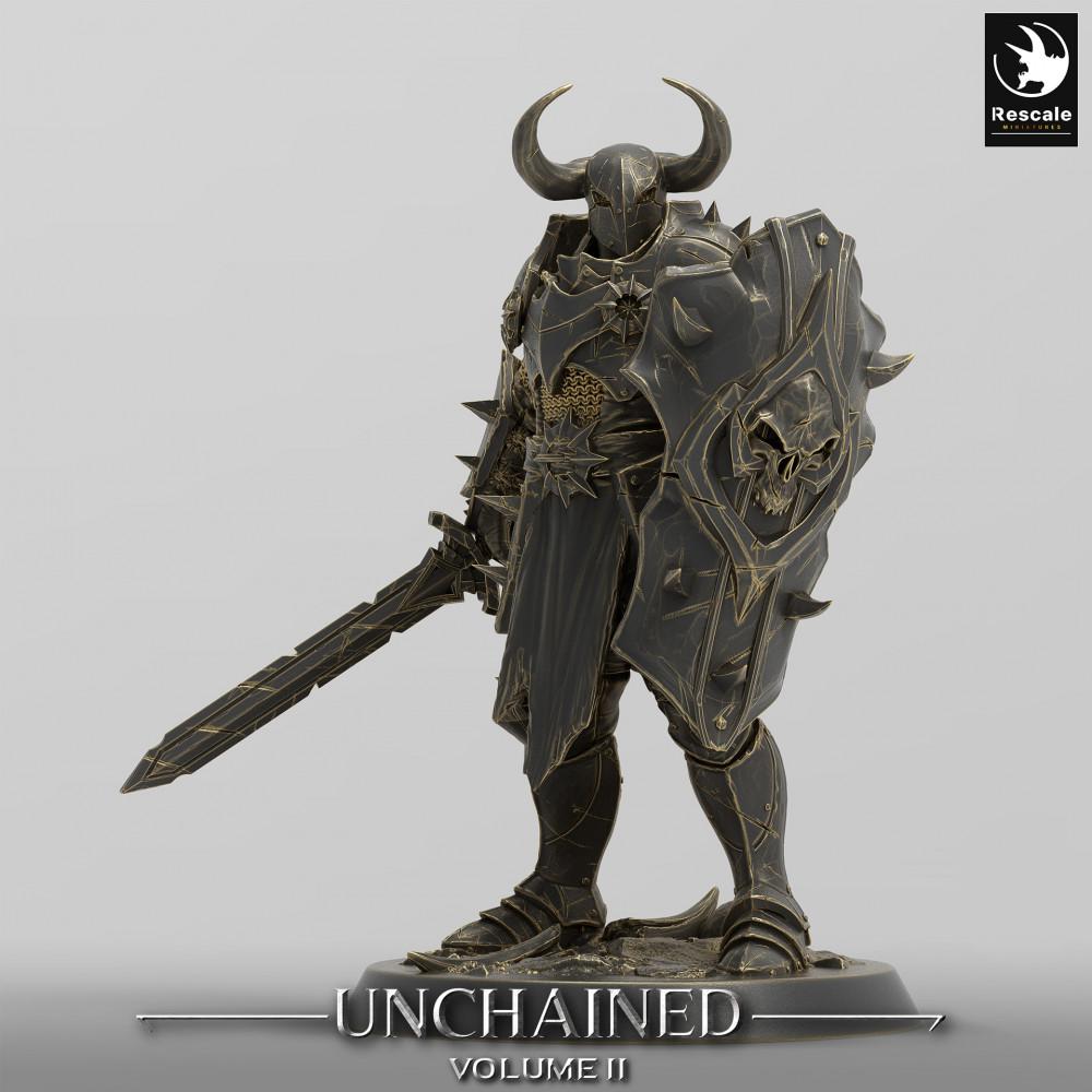 Productfoto Tabletop 28mm Lord of the Print (LotP) 0: Fantasy Figuur: Donkere Ridder met Schild en Lange Zwaard, Vervloekte Paladijn, Demonische Kampioen (24_05_E19)