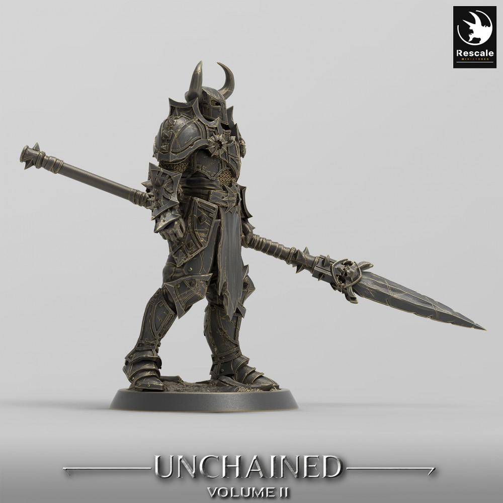 Productfoto Tabletop 28mm Lord of the Print (LotP) 0: Fantasy Figuur: Donkere Ridder Commandant / Chaos Krijger - Commandant Houding met Groot Zwaard en Parierbuckler (24_05_F7)