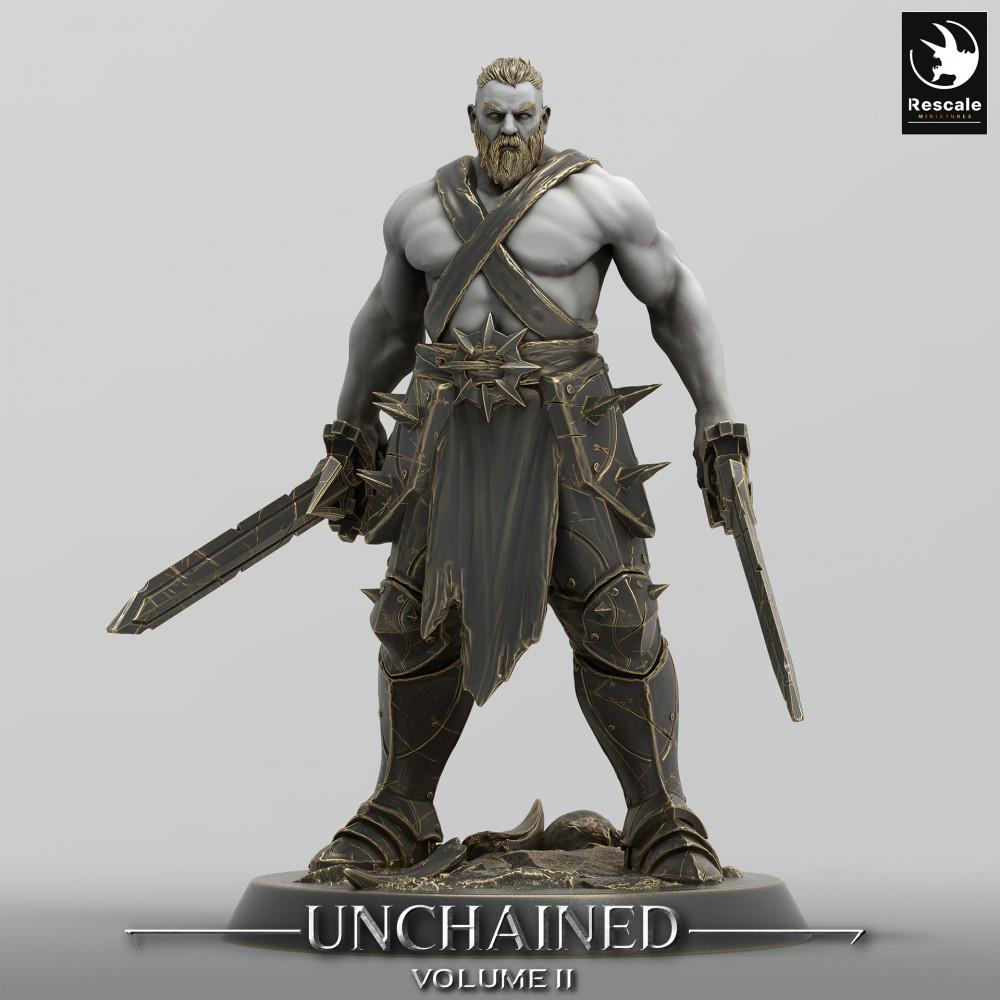 Productfoto Tabletop 28mm Lord of the Print (LotP) 0: Fantasy figuur: Ontketende Barbaar, Gladiator, Twee-wapenvechter met twee kortzwaarden - Unchained Warrior (24_05_C18)