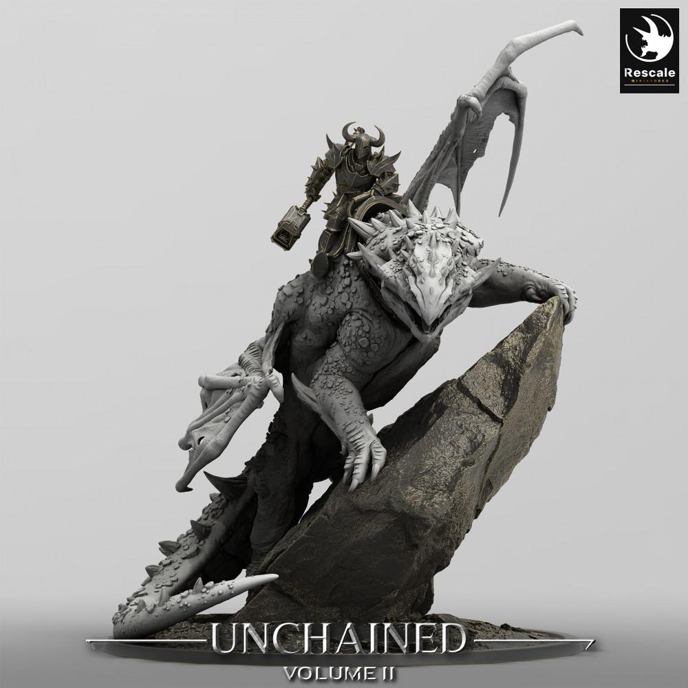 Productfoto Tabletop 28mm Lord of the Print (LotP) 0: Tabletop Miniatuur: Drachenreiter / Dragon Rider op Wyvern, Oorlogsheer in Pantseruitrusting met Oorlogshamer, Baas-Monster met Vulkan-Diorama-Basis (24_05_K1)