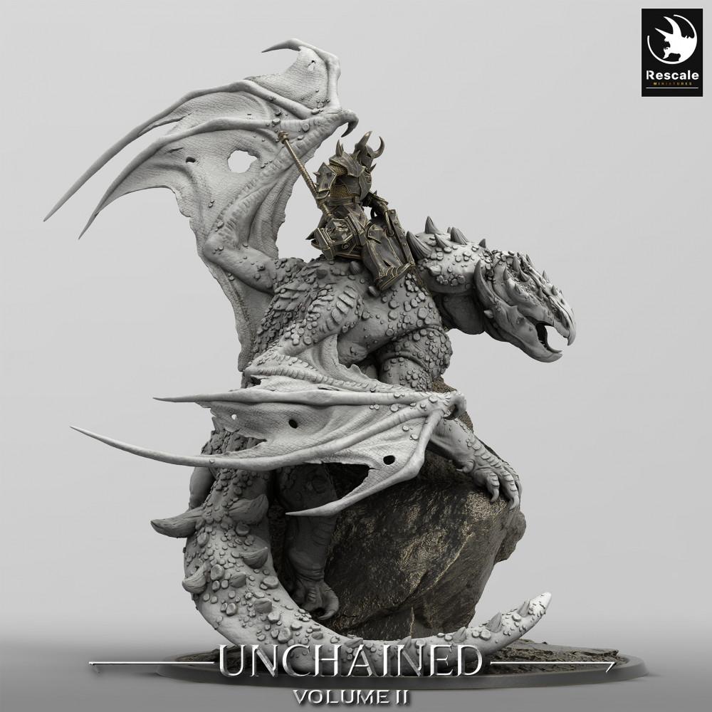 Productfoto Tabletop 28mm Lord of the Print (LotP) 0: Tabletop Miniatuur: Drachenreiter / Dragon Rider op Wyvern, Oorlogsheer in Pantseruitrusting met Oorlogshamer, Baas-Monster met Vulkan-Diorama-Basis (24_05_K1)