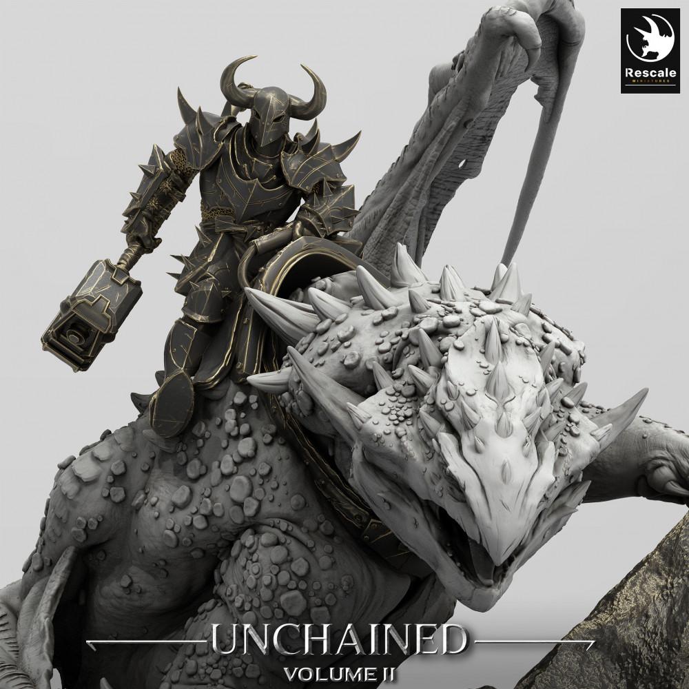 Productfoto Tabletop 28mm Lord of the Print (LotP) 0: Tabletop Miniatuur: Drachenreiter / Dragon Rider op Wyvern, Oorlogsheer in Pantseruitrusting met Oorlogshamer, Baas-Monster met Vulkan-Diorama-Basis (24_05_K1)