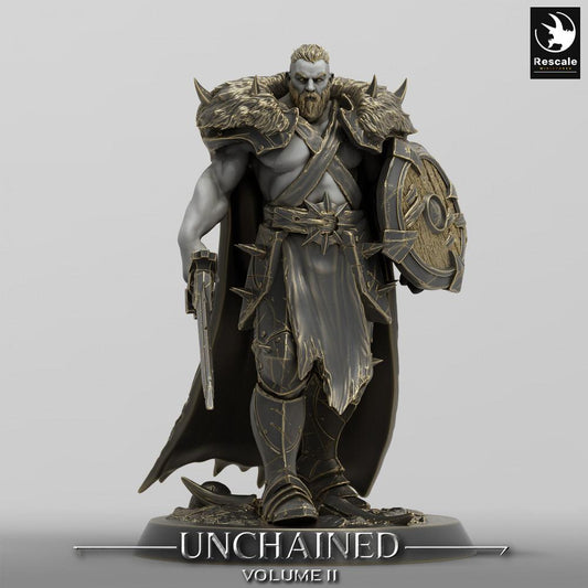Productfoto Tabletop 28mm Lord of the Print (LotP) 0: Fantasy Figuur: Barbaarse Krijger / Schildvechter, Warlord, Huurlingenkapitein met Rond Schild en Handkanon (24_05_C20)
