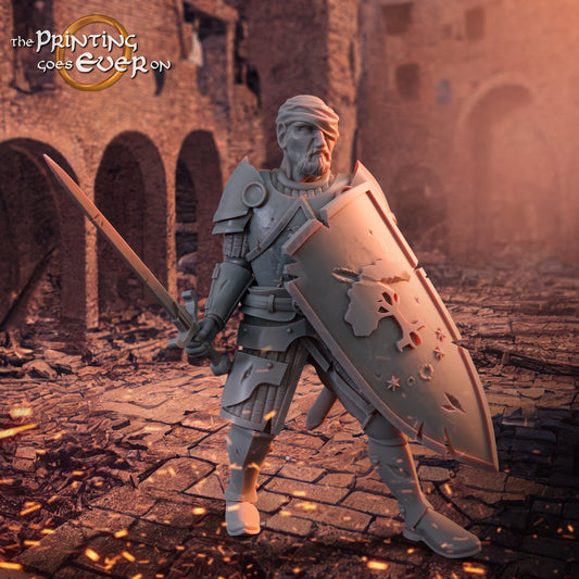 Produktfoto mittelalterliche historische Figur 75mm Scale The Printing Goes Ever On (TPGEO)  0: Mittelalterliche Ritter Figuren Verwunderter Ritter Veteran - Anführer von Gonthan