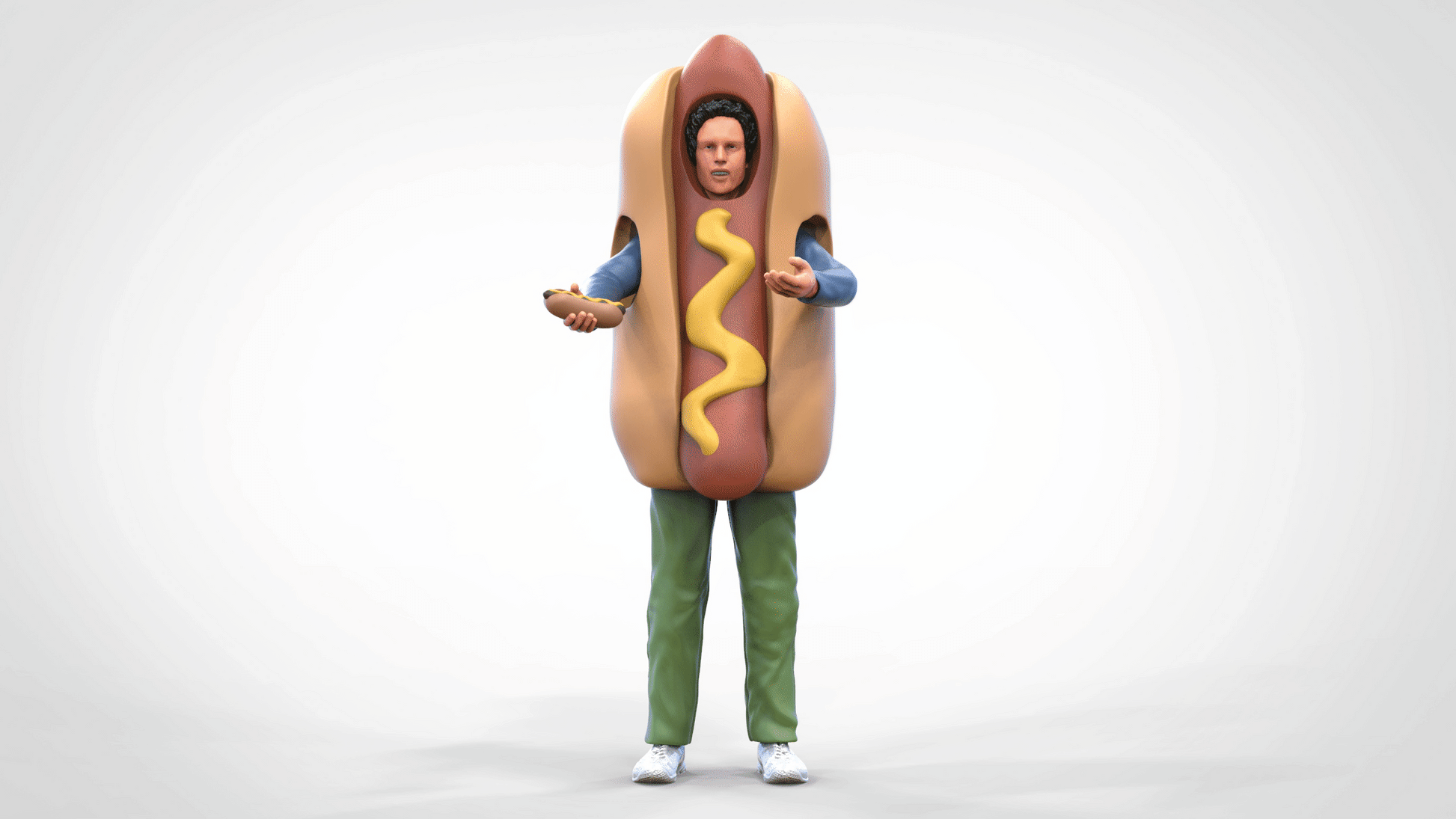 Productfoto diorama en modelbouw miniatuurfiguur: Hotdogverkoper in hotdogkostuum