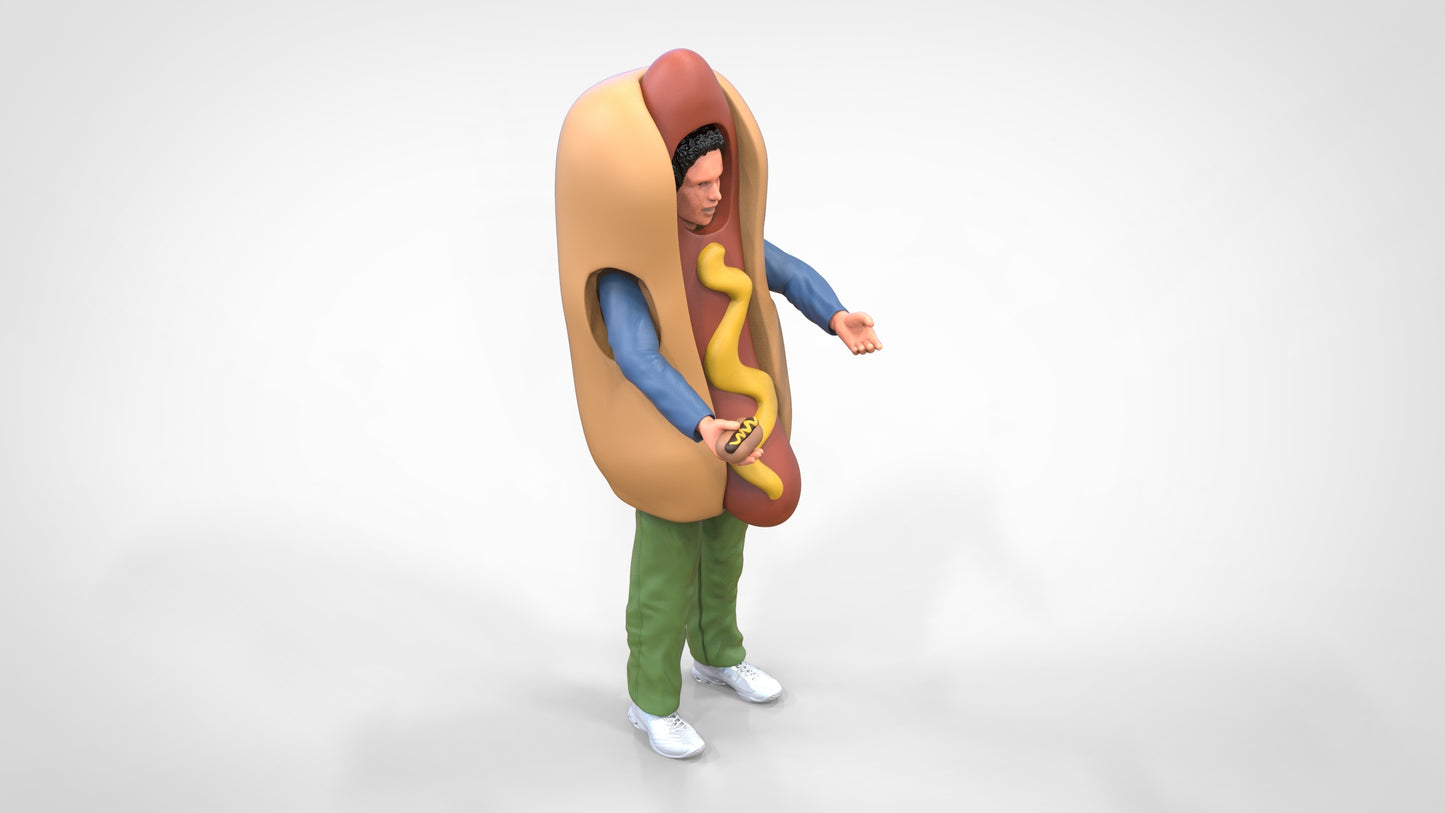 Productfoto diorama en modelbouw miniatuurfiguur: Hotdogverkoper in hotdogkostuum