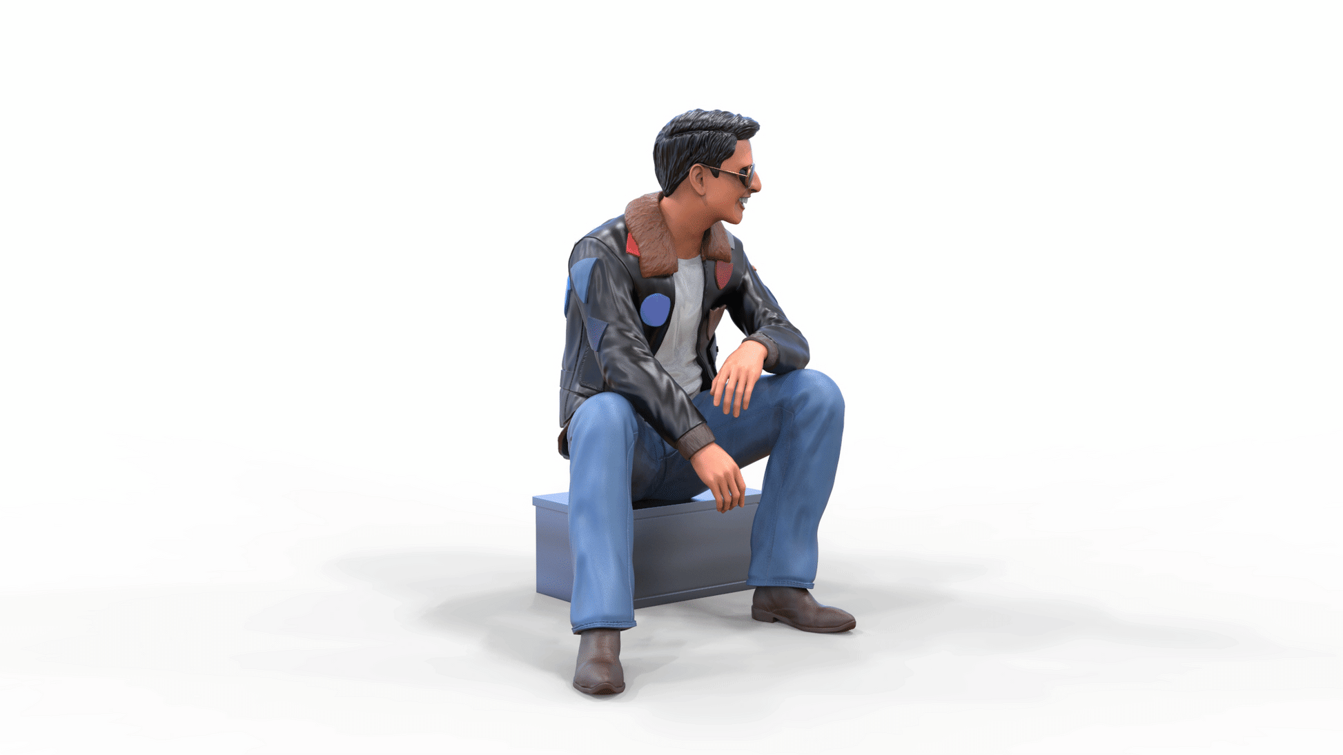 Productfoto diorama en modelbouw miniatuur figuur: man in leren jack en zonnebril zittend