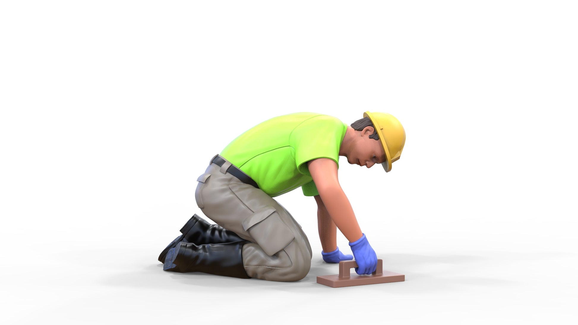 Productfoto Diorama en modelbouw miniatuur figuur: Bouwvakker 1 - Tegelzetter knielend met helm